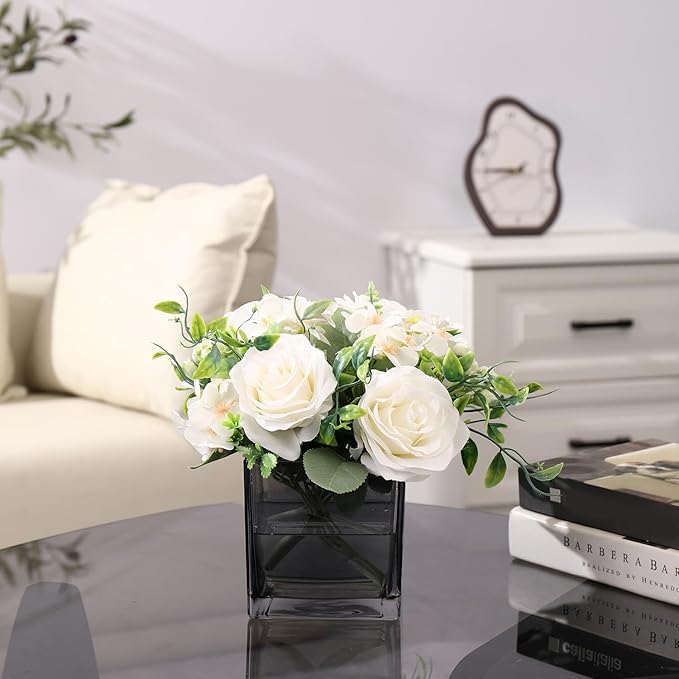 Square Glass Vases Set of 4, 4"x 4"x 4" Flower Vases for Centerpieces, Grey Glass Vase for Flowers, Small Vase for Wedding, Party, Home Office Decoration