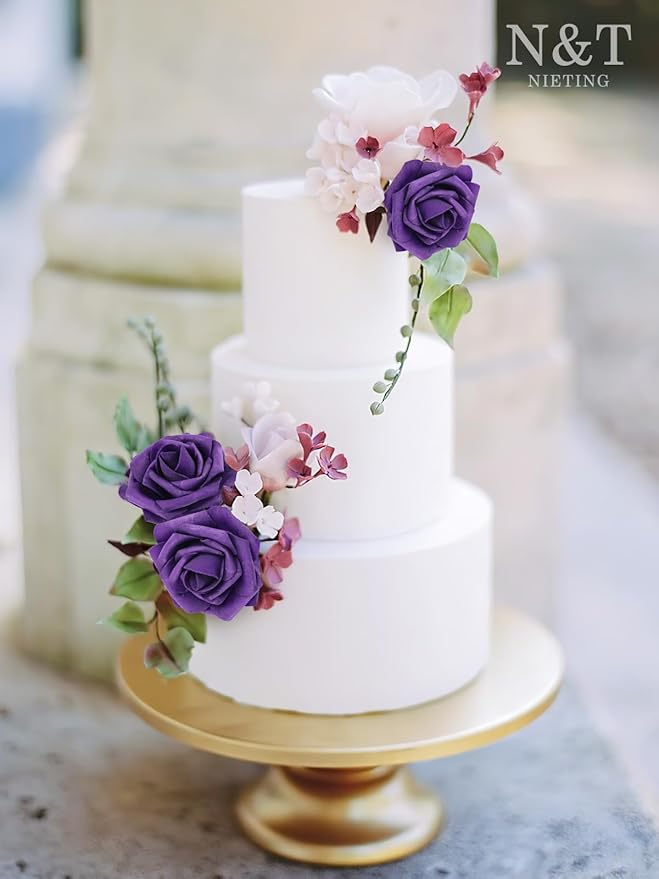 N&T NIETING Artificial Flowers 50pcs Real Looking Dusty Purple Foam Fake Roses with Stems for DIY Wedding Bouquets Bridal Shower Centerpieces Arrangements Party Tables Decorations