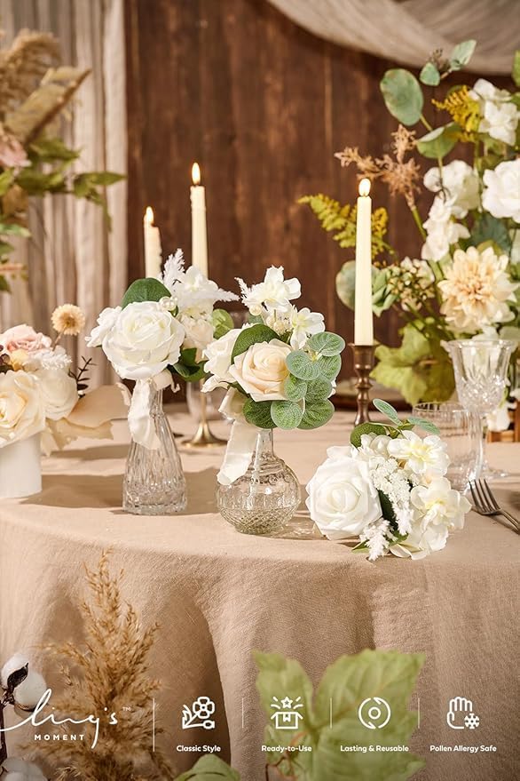 Ling's moment Artificial Silk Flowers, 16pcs Faux Pure White Roses with Stems, 3.5" Fake Ivory Flowers Bulk for DIY Wedding Bouquets Centerpieces Party Baby Shower Home Decoration