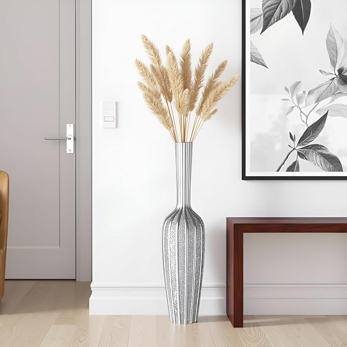 Elegant Silver Floor Vase - 23.62 Inch Tall Decorative Vase for Dried Flowers & Home Décor, Resin Tall Floor Vase, Silver Vases