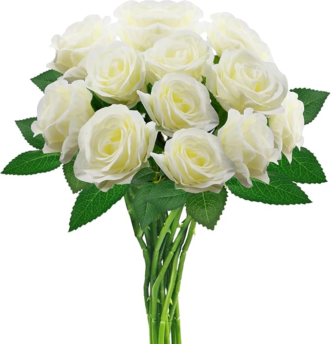 White Artificial Roses with Long Stems, 24Pcs Realistic Roses Artificial Flowers, Faux Roses | Bulk Fake Flowers for Home Decor, Wedding Party Table Centerpieces, DIY Bouquet (White 24pcs)