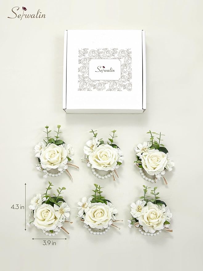 Serwalin 6 PCS Ivory Rose Wrist Corsages for Wedding, Corsages for Prom Homecoming Party Corsage Hand Decor for Bride Bridesmaids, Mother of Bride and Groom