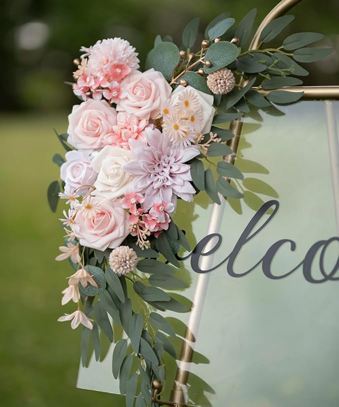 Artificial Flower Swag Wedding Arch Flowers Set of 2 Rose Flower Swag Arrangements for Wedding Party Welcome Ceremony Sign and Reception Backdrop Floral Decoration (Pink)