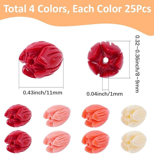 100Pcs 4 Colors Coral Flower Beads Floral Jewelry Beads Colorful 3D Carved Jasmine Dyed Synthetic Coral Aesthetic Small Loose Smooth Spacers for Jewelry Making Necklaces Bracelets DIY Crafts