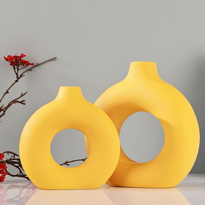 Yellow Vase Decor Donut Vase Set of 2 - Circle Hollow Vases, Modern Matte Ceramic Vases for Entryway Living Room Bedroom Dining Table Centerpiece Office Home Decor