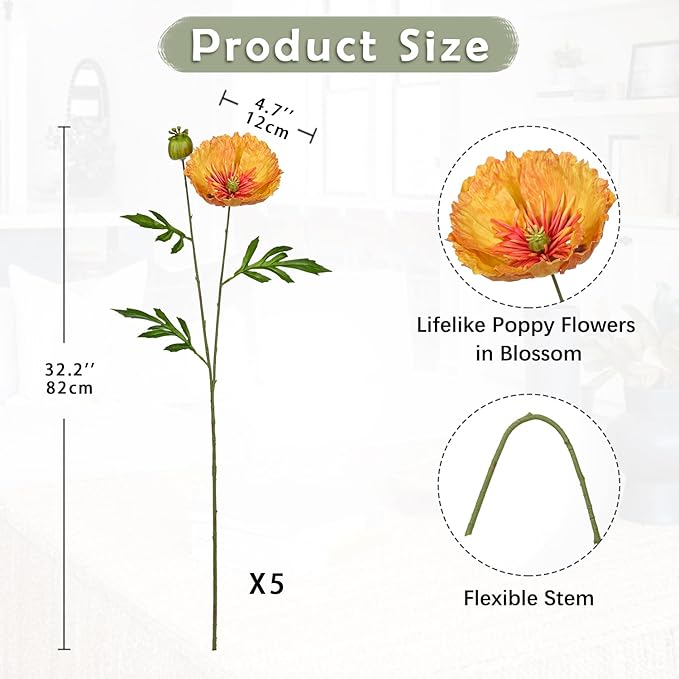 Hollyone 5Pcs Orange Poppy Flowers Artificial Bouquet 32.2" Silk Fake Poppy Flowers Arrangement Real Touch Faux Poppies Flower Long Stem for DIY Wedding Party Table Centerpiece Table Home Decor