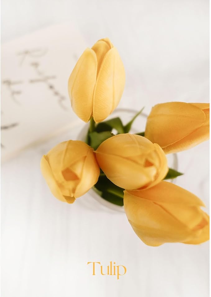 18in Artificial Tulip Flowers, 5 Pcs Realistic Soft Latex Faux Tulips with Bendable Stems for Home Office Kitchen Decor, Wedding, Party, Vase Arrangement- Yellow