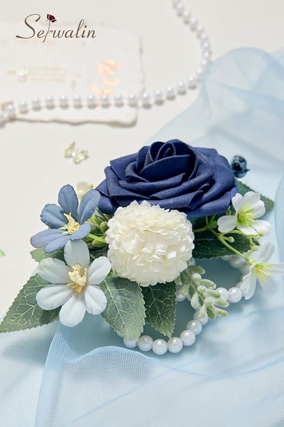 Serwalin 2Pcs Dark Blue Wrist Corsage for Wedding, Corsages Wristlet for Bridesmaid Mother Grandmother, Artificial Flowers for Prom Ceremony Anniversary