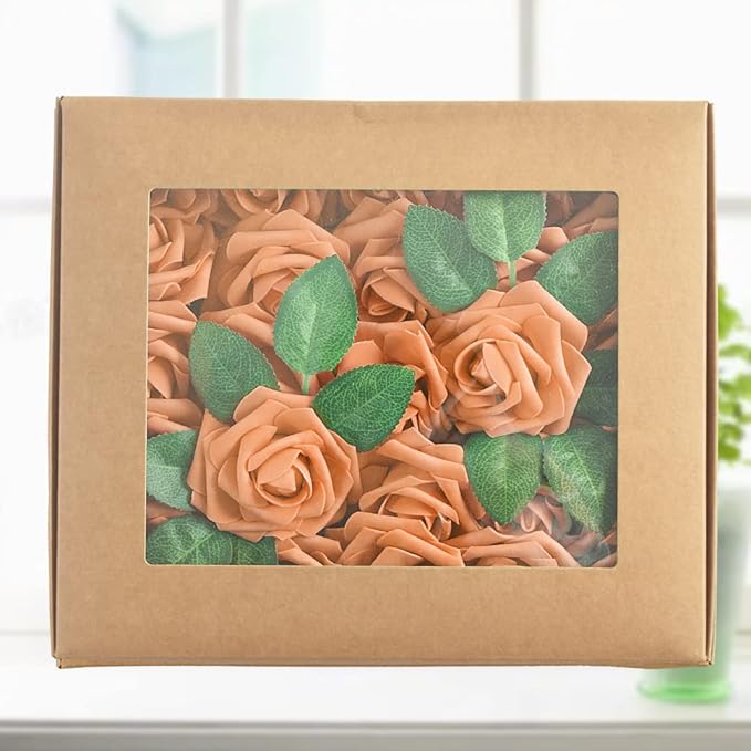 homEdge Artificial Rose, 25pcs Foam Artificial Flowers with Stem for Home Decorations, Wedding Bouquets, Party, Certerpieces, Anniversaries-Orange