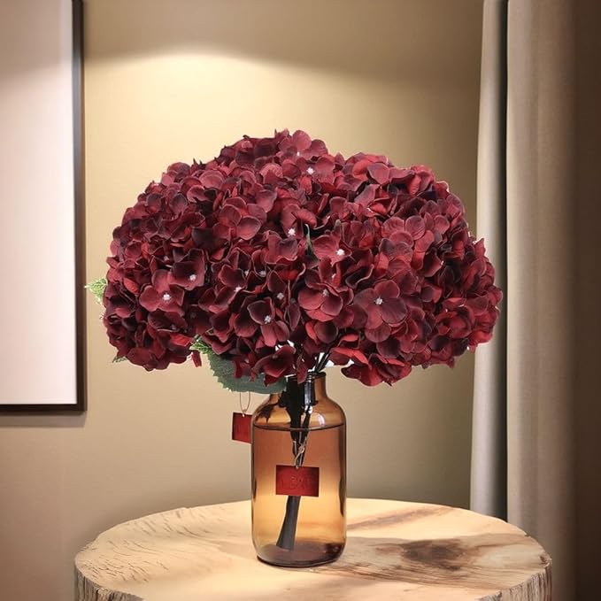 2Bouquets Artificial Fake Flowers Plants Silk Hydrangea Arrangements Wedding Bouquets Decorations Plastic Floral Home Kitchen Garden Party Festival Bar DIY (Dark Red,5 Flower Heads)