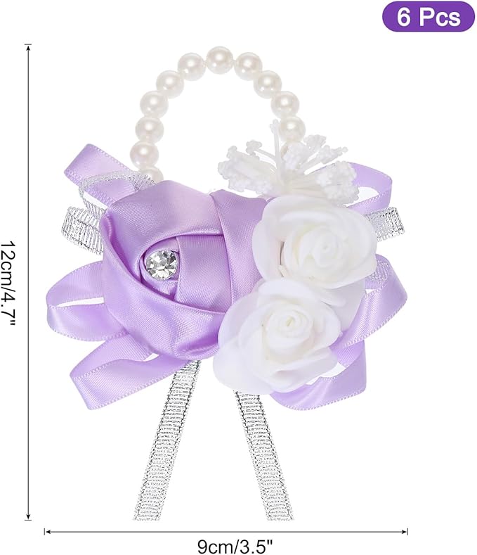 MECCANIXITY 6Pcs Wrist Corsage Artificial Flower Bracelets Rose Wrist Bride Groom Decorative for Wedding Ceremony Prom Party Anniversary Light Purple