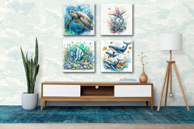 dgbtcart Ocean Wall Art Bathroom Decor – Watercolor Sea Turtle, Starfish Whale Canvas Prints – Coastal Beach Themed 4-Piece Set, 16x16 Modern Nautical Painting for Home, Bedroom, Kids Room