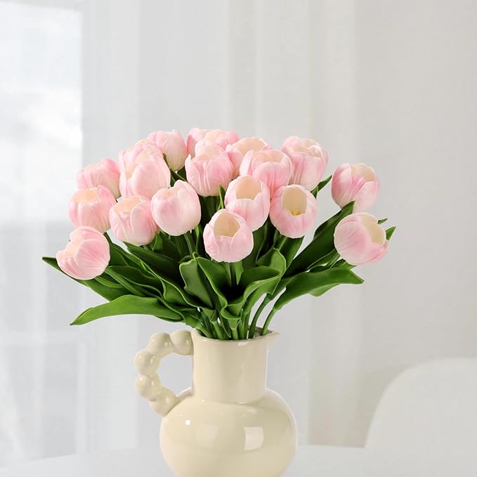 LED Lighted Artificial Tulip Lamp, Real Touch Tulip Flowers, 15 Inch Faux Tulip Bouquet with Battery Operated Lights for Gifts, Home Kitchedn Wedding Decor (Pink)