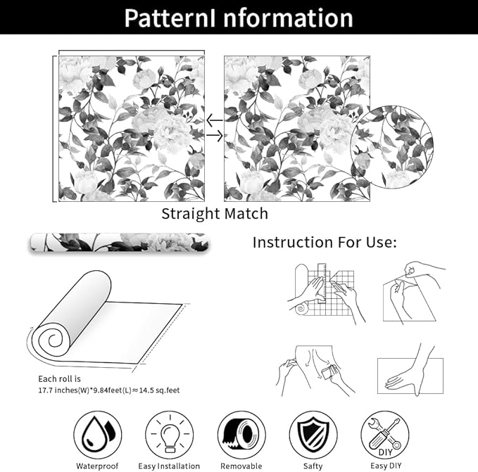 Floral Wallpaper Peel and Stick Black and White Wallpaper Self Adhesive Removable Vinyl Flower Contact Paper for Decorative Bedroom Home Wall (17.7"x236.2")