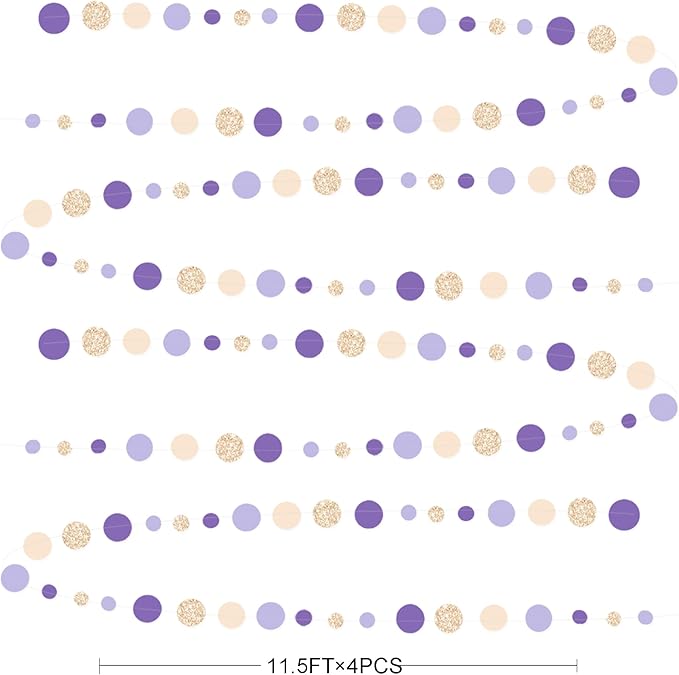 Champagne Gold Purple Cream Nude Polka Dots Garland Lavender Hanging Paper Circle Dot Streamer for Birthday Wedding Engagement Baby Shower Bridal Shower Lilac Violet Theme Party Decorations Supplies
