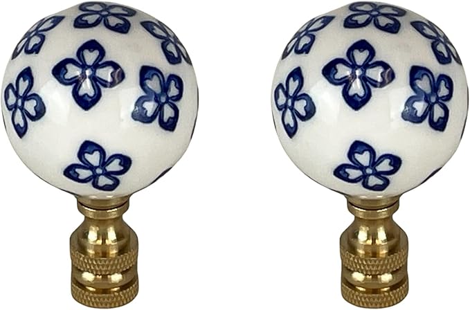 Royal Designs, Inc. White/Blue Porcelain Ball Ornament Design Finial for Lamp Shade, Polished Brass, Pack of 2
