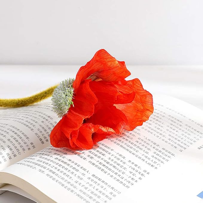 5 Pcs Artificial French Corn Poppy Silk Poppy Flocking Long Stem Flowers Home Wedding Party Decor 25" High No Vase Sunset Orange