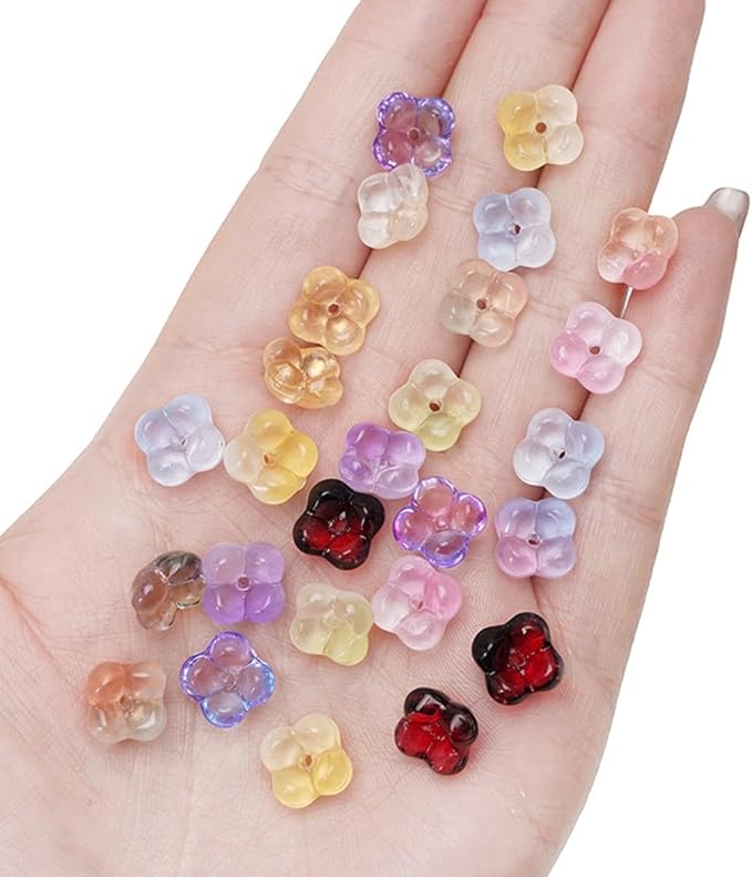 100PCS Glass Flower Beads for Jewelry Making 4 Petal Flower Bead Caps Gradient Cute Floral Beads Aesthetic Charms for Necklace Bracelets Earrings DIY Craft Home Decoration-Colorful
