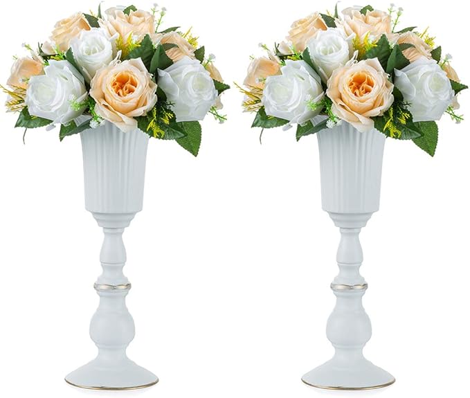 Nuptio 2 Pcs Metal Flower Vase White Table Decorative Centerpiece, Elegant Wedding Centerpieces Vase for Party Anniversary Ceremony Decoration, 31.9cm Tall Artificial Flower Arrangements