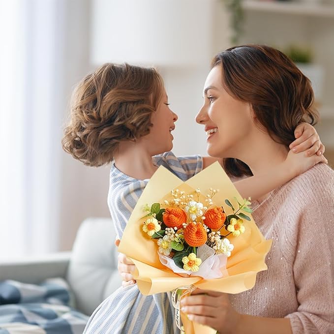 Crochet Flower Tulip Bouquet: Handmade Artificial Flower Knitted Sunflower Bouquet for Festival Wedding Graduation Anniversary (Orange)