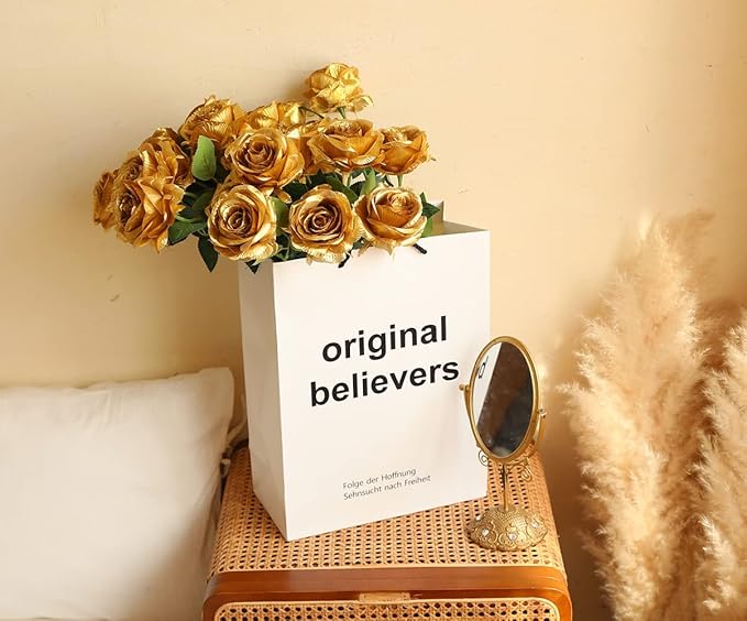 12 PCS Artificial Flowers Gold Roses Fake Silk Flower Long Stem Artificial Roses for Home Wendding Bathroom Party Decorations (Gold)