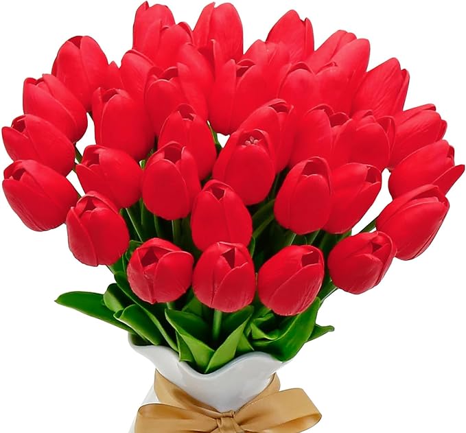 36 PCS Red Tulips Artificial Flowers 13" PU Fake Flowers for Wedding Home Decor (Red)