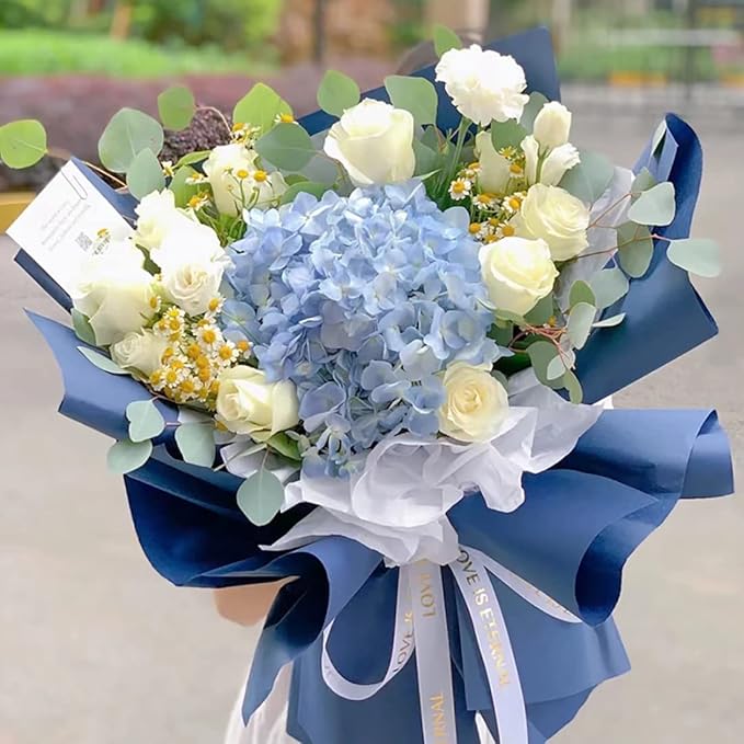 FWSA WRAPS Blue Korean Floral Wrapping Paper Rolls for Bouquet Waterproof Thick Gift Box Packaging, DIY Craft Decorative Paper 23.23 x 288 inches (Color 7 (Light Blue))