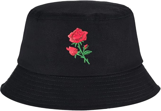 Rose Embroidered Novelty Bucket Hat Outdoor Cap for Women 100% Cotton Packable Adjustable