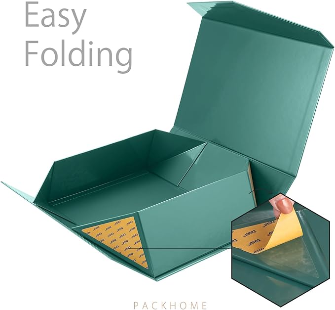 PACKHOME Large Christmas Gift Box with Lid 13.5x9x4.1 Inches, Sturdy Collapsible Gift Box with Magnetic Closure for Xmas (Glossy Dark Green)