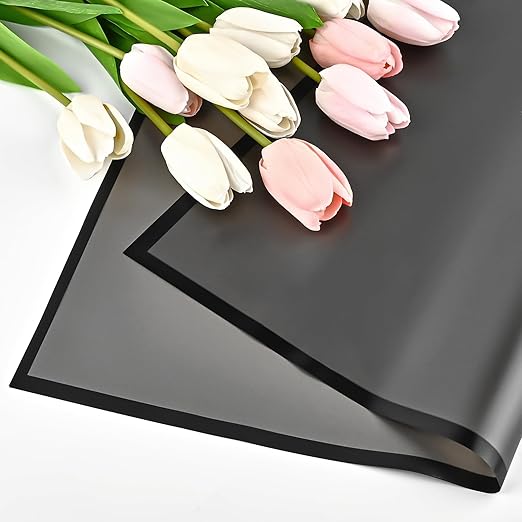 Jutieuo 20 Sheets Black Flower Wrapping Paper, Waterproof Floral Wrap Black Edge Bouquet Wrapping Paper Florist Supplies (22.8 x 22.8 inch)