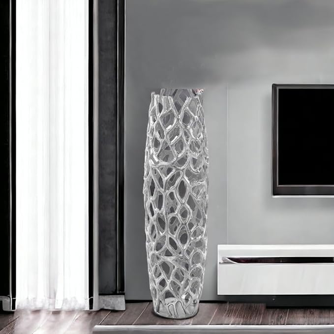Modern Day Accents 3603 Rama Silver LG Twigs Barrel Floor Vase, Statement Piece, Tall Standing, Corner Decor 9" Lx 9" W x 31.5" H, House & Office Decor