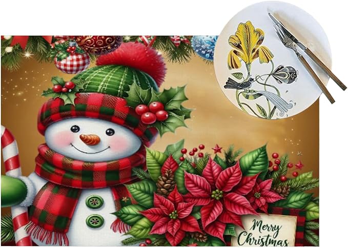 PVC Placemats Set of 1 Wipeable Table Mats Washable Heat Resistant Non Slip Vinyl Dining Table Mat for Kitchen Indoor Outdoor Patio Farmhouse Place Mats Christmas Ball Poinsettia Snowman Decorative