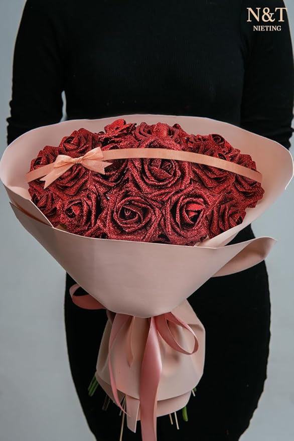 N&T NIETING Artificial Flowers Glowing Red Flowers Foam 25pcs Glitter Roses Real Looking Fake Roses with Stem for DIY Wedding Bouquets Centerpieces Bridal Shower Party Home Decorations