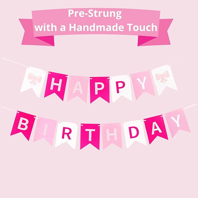 Pink Happy Birthday Decorations, Bow Coquette Birthday Decorations Includes Bow Plates, Napkins, Forks, Cupcake Toppers, Banner Balloons, and Pump Pink Decorations for Party, Serves 20