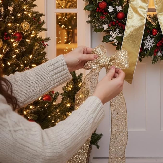 CT CRAFT LLC Sparkling Glitter Mesh Wired Ribbon 2.5" x 20 Yards Champagne Gold for Christmas Home Decor Bow Gift Wrapping DIY Crafts Wreath