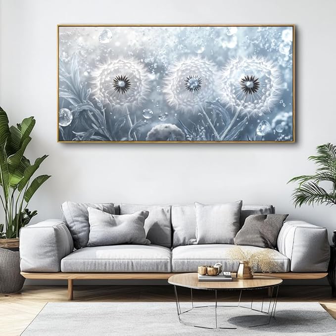 Dandelion Landscape Wall Art - Large Framed Canvas Painting for Living Room, Bedroom, Modern Artwork Decor - 60x30 Inch Ready-to-Hang