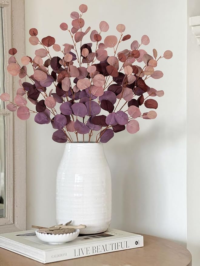 Maroon Eucalyptus Stems Fake Eucalyptus Leaves 34” Long Silver Dollar Leaves 5 Pcs Silk Eucalyptus Stems for DIY Bouquet Arrangements Centerpieces Shower Decorations-Artificial Eucalyptus Spray