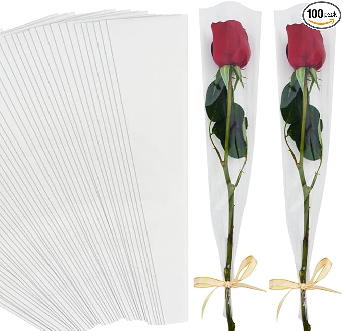 BEISHIDA 100 PCS Single Rose Sleeve Bouquet Bags Plastic Single Flower Wrapping Rose Packaging For Mother's Day Graduation Wedding Birthday Valentine's Day Party (Transparent)