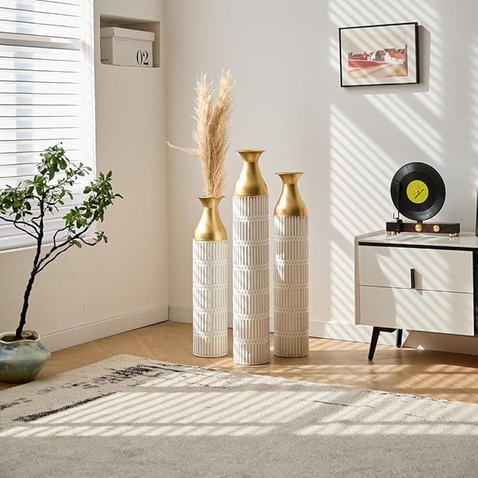 Floor Oversized Gold Metal Decorative Vase with 3D Triangle Pattern Set of 3 Large Vases for Home Living Room 33.5 ", 29.5 ", 25.2" High (Retro White)