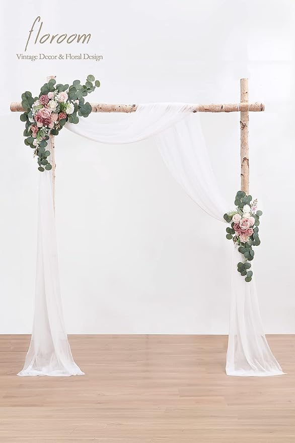 Floroom Arch Flowers with Drapes Kit (Pack of 4) - 2pcs Artificial Dusty Rose & Blush Floral Swag Arrangement with 2pcs Draping Fabric for Wedding Ceremony Arbor and Reception Backdrop Decoration