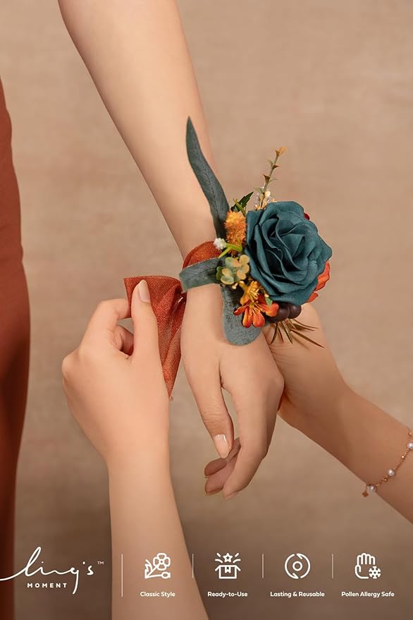 Ling's moment 6pcs Wedding Wrist Corsage Artificial Flowers, Girl/Mother Homecoming Prom Corsages Wristlet Décor, etc. Teal Orange Terracotta