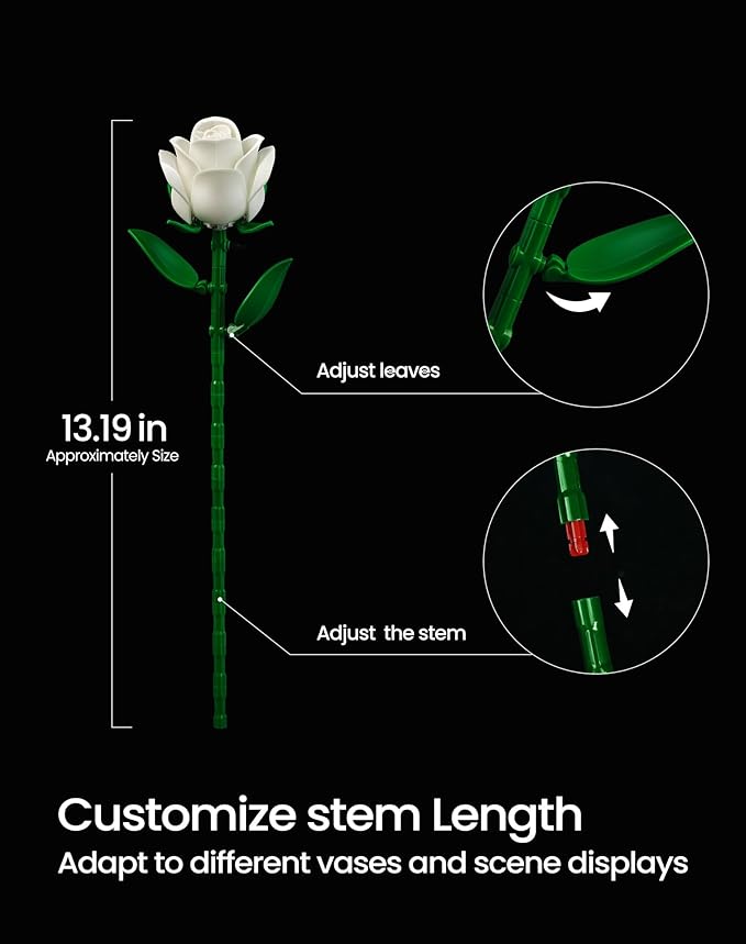 iATOM White Rose Bouquet Building Set, Wedding Artificial Flowers Botanical Collection for Adults Women, Gift for Christmas & Valentines Day - Home Office Table Centerpiece Decor - IA11013