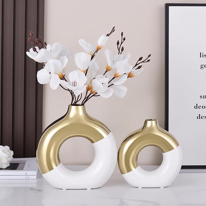 White and Gold Vase Decor Donut Vase Set of 2 - Circle Hollow Vases, Modern Matte Ceramic Vases for Entryway Living Room Bedroom Dining Table Centerpiece Office Home Decor
