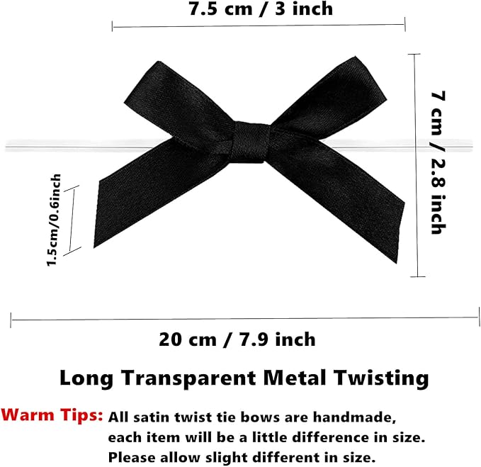 100 Pack 3" Black Satin Twist Tie Bows, Twist Bows for Treats, Ribbon Bows with Twist Ties Gift Wrap Bows, Pretied Bows Ties for Cake Pops, Baby Shower, Sweets Packaging, Party Favors Gifts