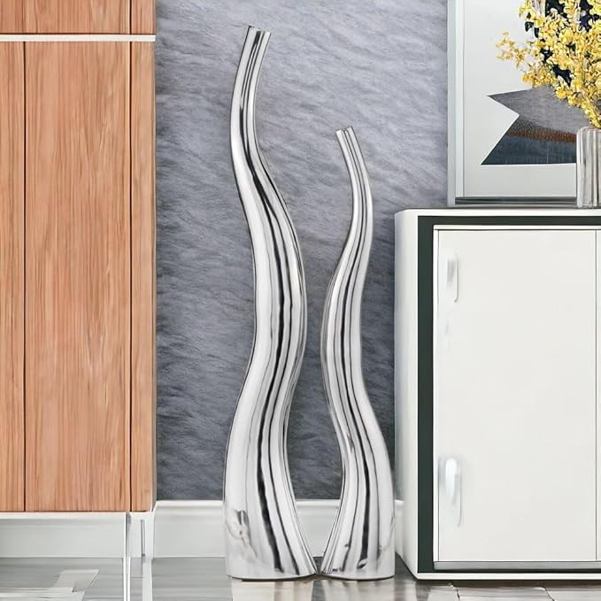 Modern Day Accents 8790 Curva XL Tall Wiggly Vases Set of 2, Silver, Aluminum, Contemporary, Modern, Popular, Glam, Floor Standing, Large 9"L, 5.5"W, 48.5"H, Small Vase: 7”L x 4.5”W x 40"H House Decor