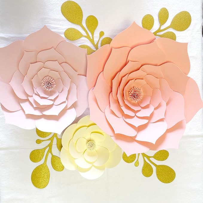 3D Artificial Paper Flower Decorations Need Assembled Pink Roses Flowers with Leaves Wall Backdrop Decor (Beige Pink Set) Wedding Bridal Shower Nursery Decor Centerpieces Wall Flowers Backdrop