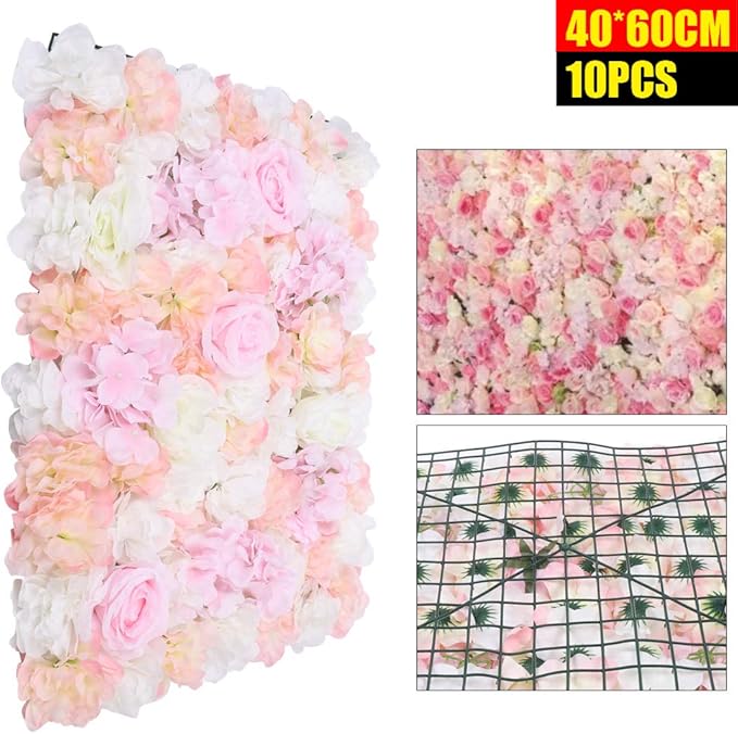 Flower Wall Panel Floral Backdrop,10Pack Champagne Flower Wall Decor,Silk Rose Wall, Artificial Flower Backdrop Faux Flower Panel for Wedding (10PCS PINK1)