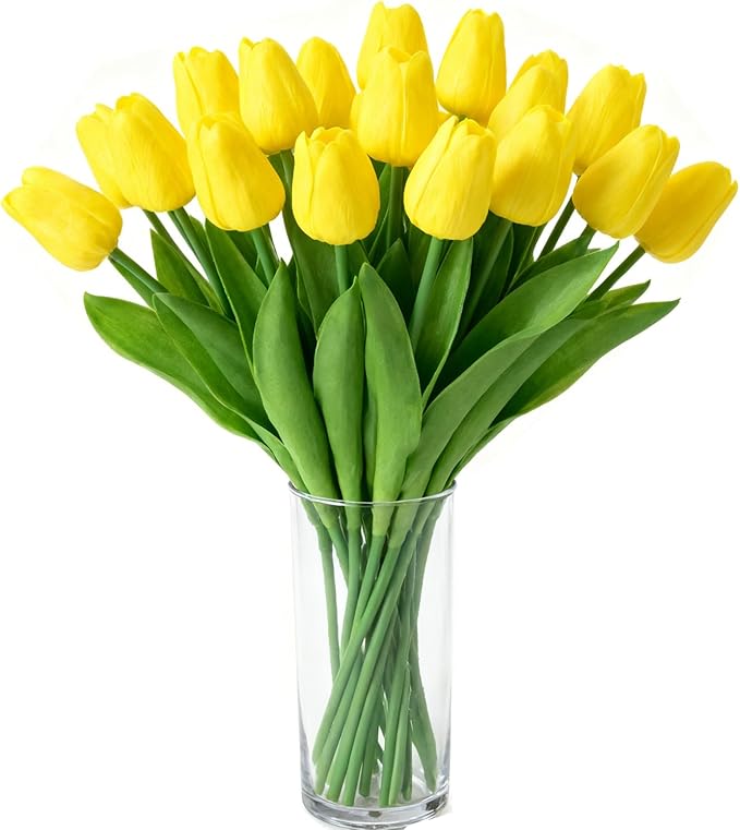 Yellow Faux Tulips (20 Pcs) - Premium PU Artificial Flowers for Christmas & Thanksgiving Table Setting, Winter DIY Home Decor - 13.5" Real Touch