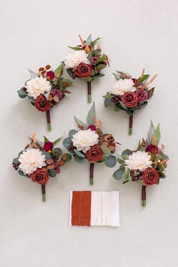 Laelfe 12 PCS Artificial Flowers Roses Silk Flowers Fake Long Stem Artificial Roses for Home Wedding Bathroom Kitchen Decorations(Brown Orange)