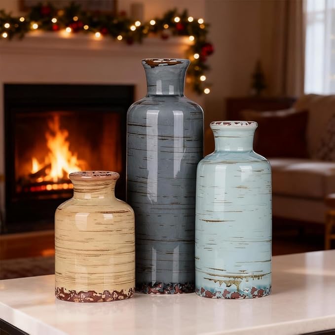 Ceramic Vase Set of 3 – Small Flower Vases, Modern Farmhouse Boho Flower Vases for Home Decor, Rustic Pottery Vases for Centerpieces, Living Room, Shelf, Fireplace, Entryway Decor, Table or Cabinet